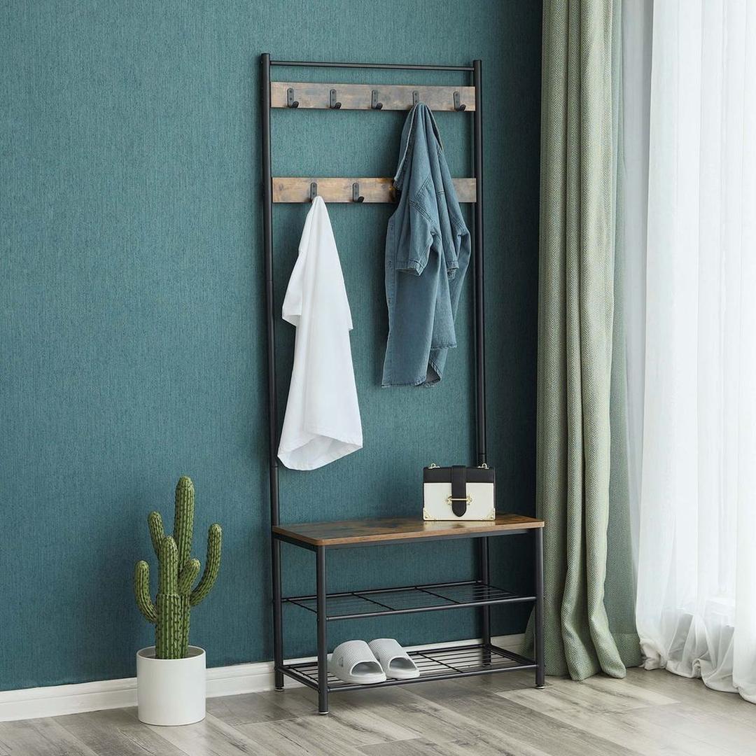 Kapstok met Schoenenbank – Halmeubel met 9 Haken, Zitbank en 2 Schoenenrekken van Metaal en Spaanplaat