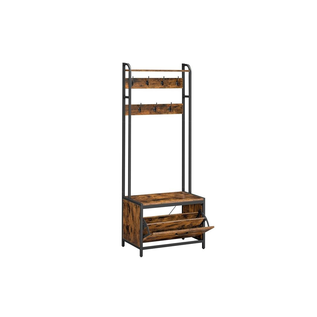 Kapstok met schoenenkast en bank – vintage bruin-zwart – 7 haken, klepcompartiment en plank – draagkracht 100 kg