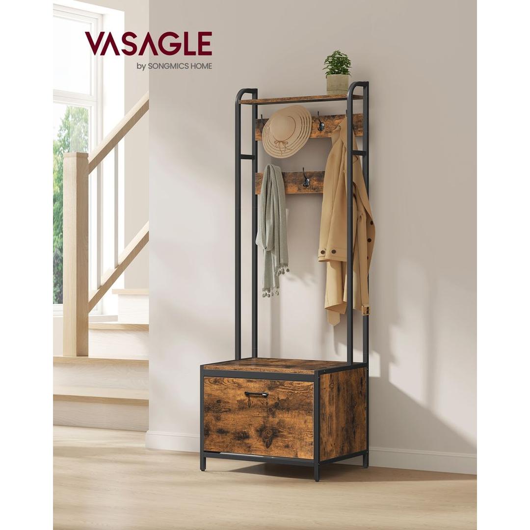 Kapstok met schoenenkast en bank – vintage bruin-zwart – 7 haken, klepcompartiment en plank – draagkracht 100 kg
