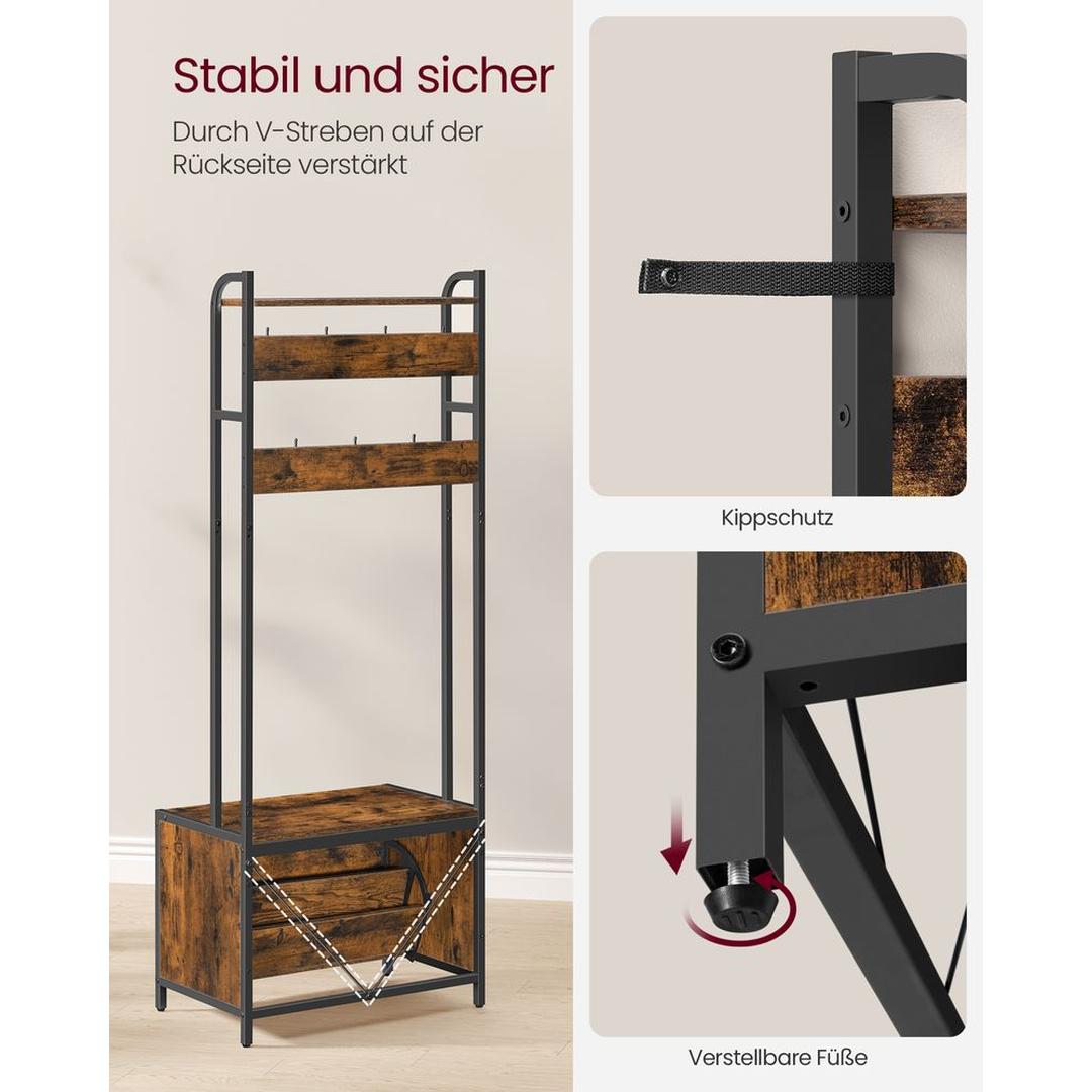Kapstok met schoenenkast en bank – vintage bruin-zwart – 7 haken, klepcompartiment en plank – draagkracht 100 kg