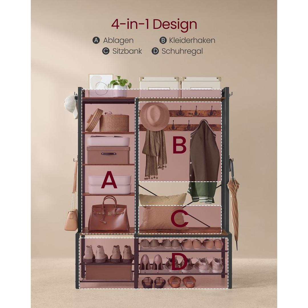 Kapstok met Schoenenbank van Spaanplaat – Halmeubel met Haken, Legplanken en Schoenenrek