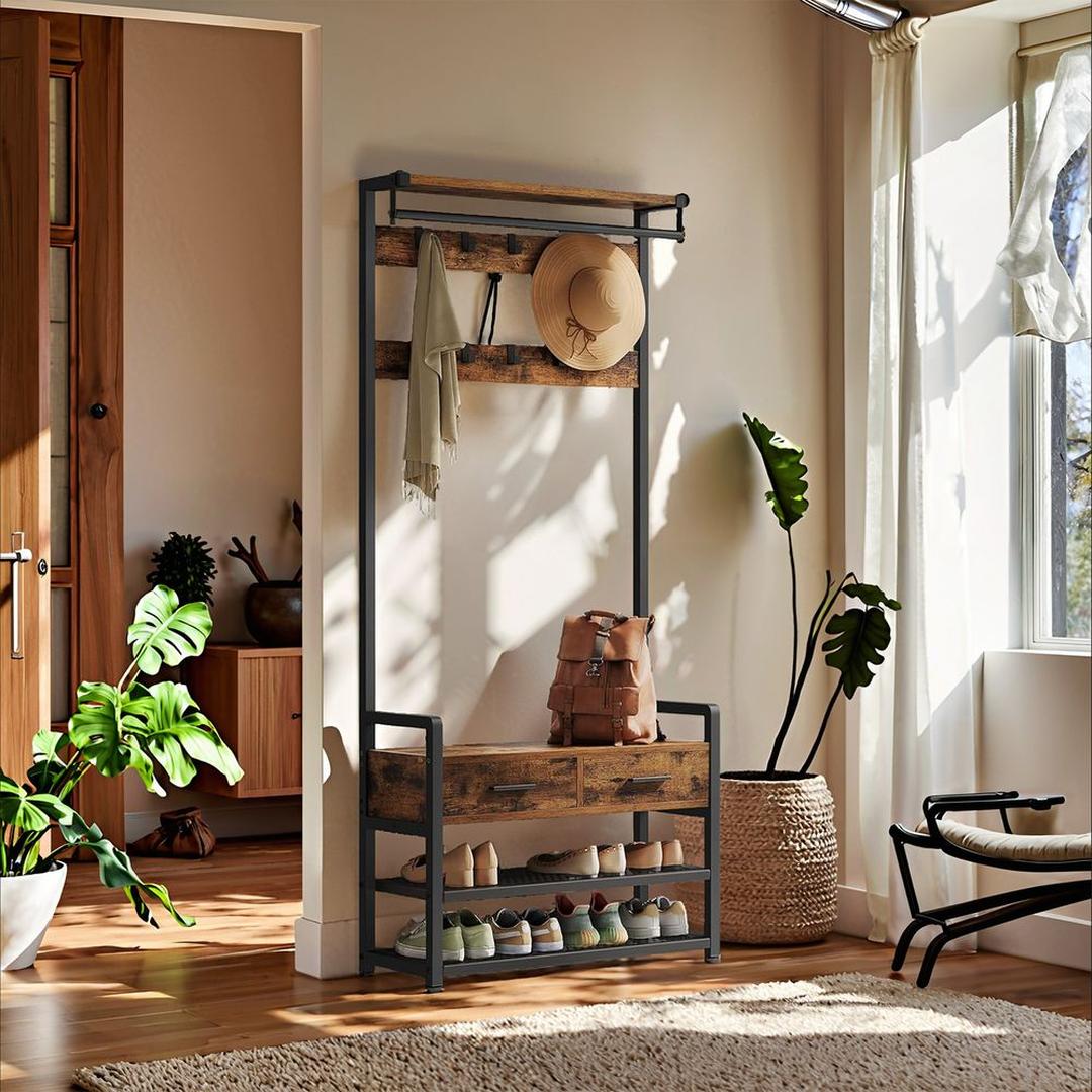 Kapstok met Schoenenbank en 10 Haken – Halmeubel met Kledingstang, Lades, Schoenenrek en Opbergplank