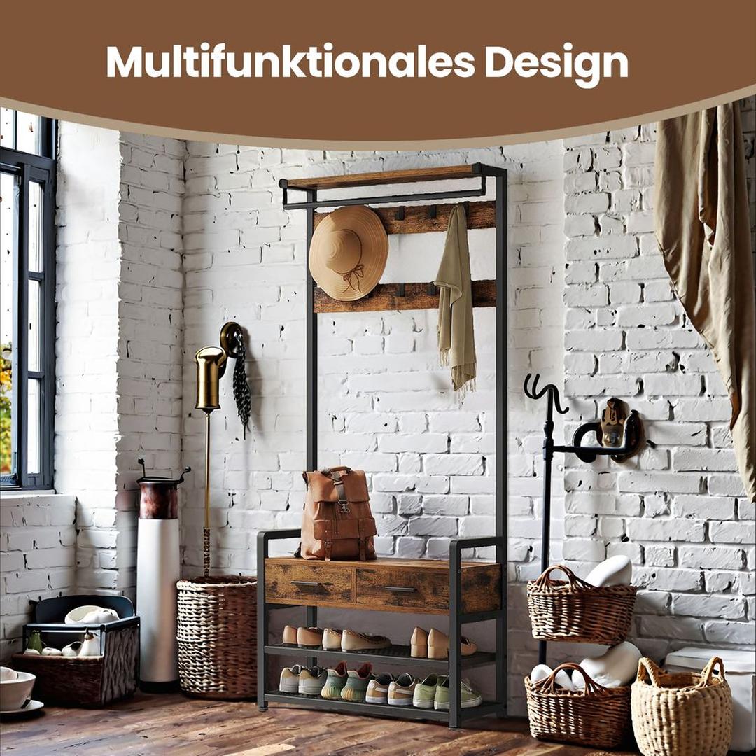 Kapstok met Schoenenbank en 10 Haken – Halmeubel met Kledingstang, Lades, Schoenenrek en Opbergplank