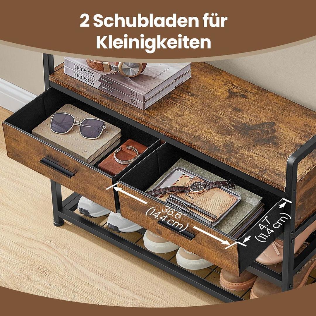 Kapstok met Schoenenbank en 10 Haken – Halmeubel met Kledingstang, Lades, Schoenenrek en Opbergplank