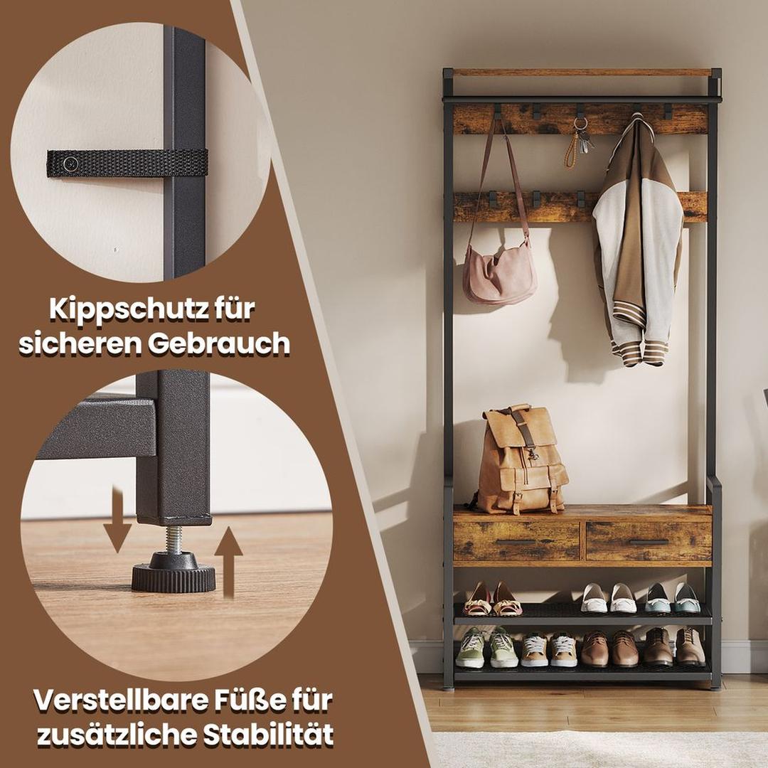 Kapstok met Schoenenbank en 10 Haken – Halmeubel met Kledingstang, Lades, Schoenenrek en Opbergplank