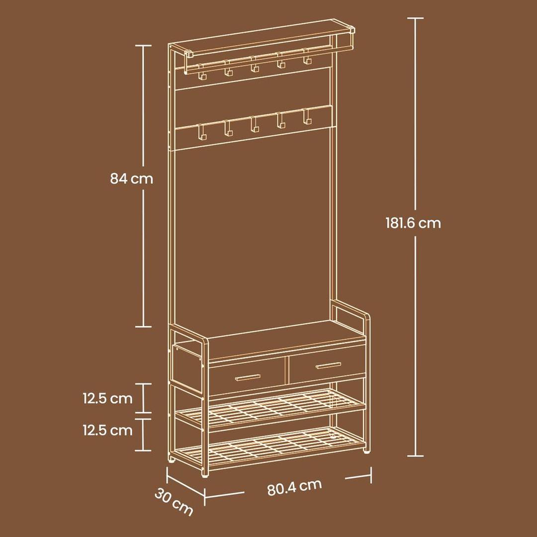Kapstok met Schoenenbank en 10 Haken – Halmeubel met Kledingstang, Lades, Schoenenrek en Opbergplank