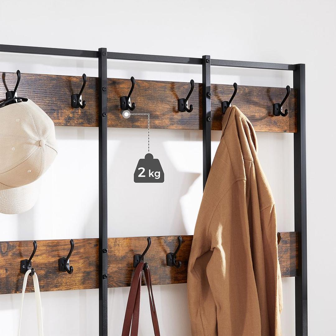 Industriële garderobe met schoenenbank – zwart stalen frame en houtlook – 12 haken en 2 roosters – zitvlak 30 mm