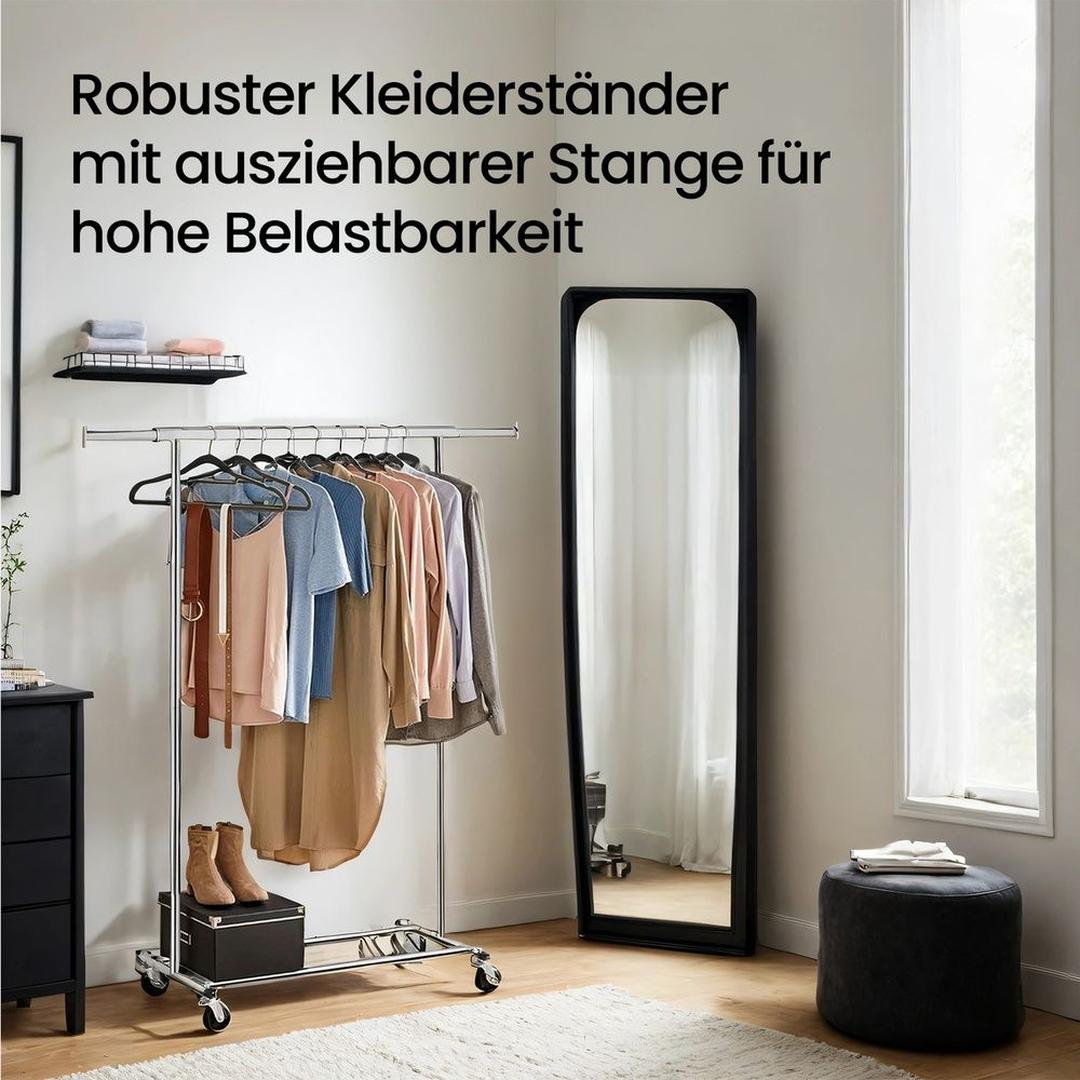 Zwaar Uitgevoerd Kledingrek op Wielen – Verrijdbare Garderobestandaard voor Jassen en Kleding