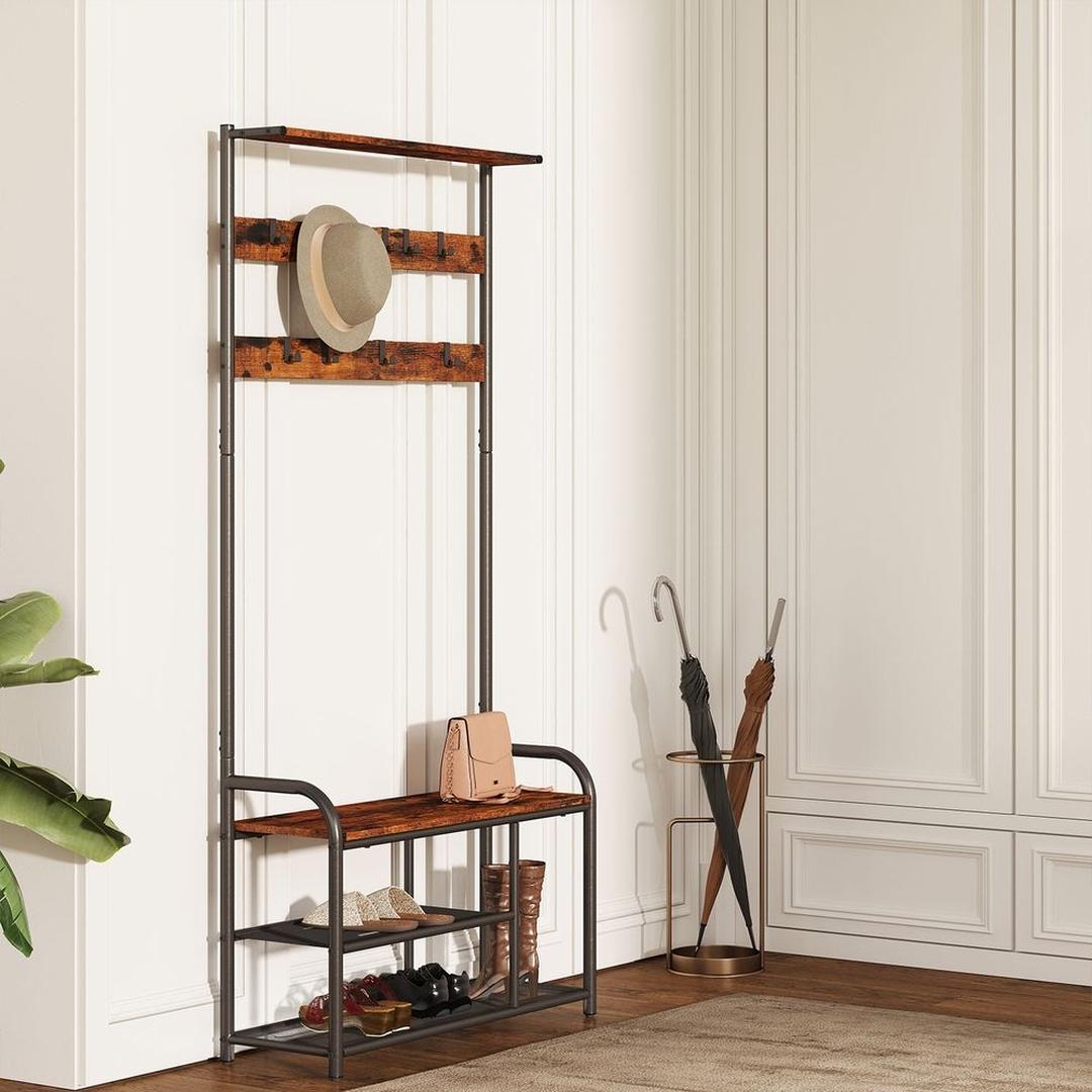 Kapstok met 9 Haken en Schoenenrek – Halmeubel met Zitbank, Opbergplateau en Metalen Frame