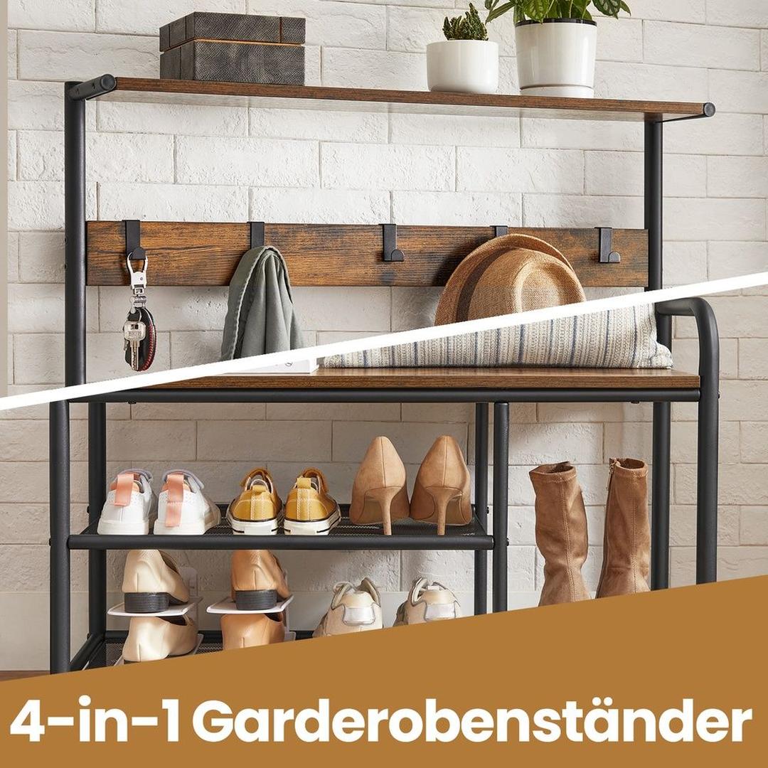Kapstok met 9 Haken en Schoenenrek – Halmeubel met Zitbank, Opbergplateau en Metalen Frame