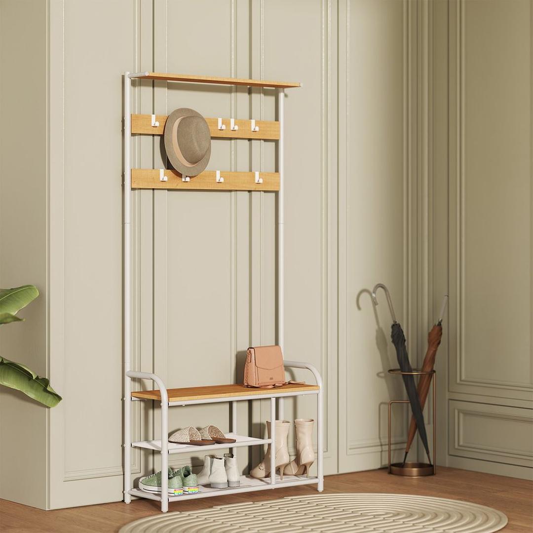 Kapstok met 9 Haken en Schoenenrek – Halmeubel met Zitbank, Opbergplateau en Metalen Frame
