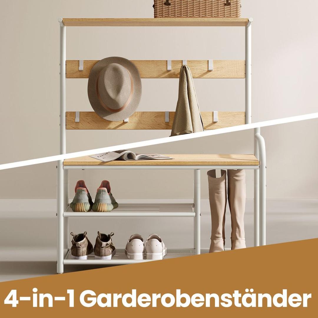 Kapstok met 9 Haken en Schoenenrek – Halmeubel met Zitbank, Opbergplateau en Metalen Frame