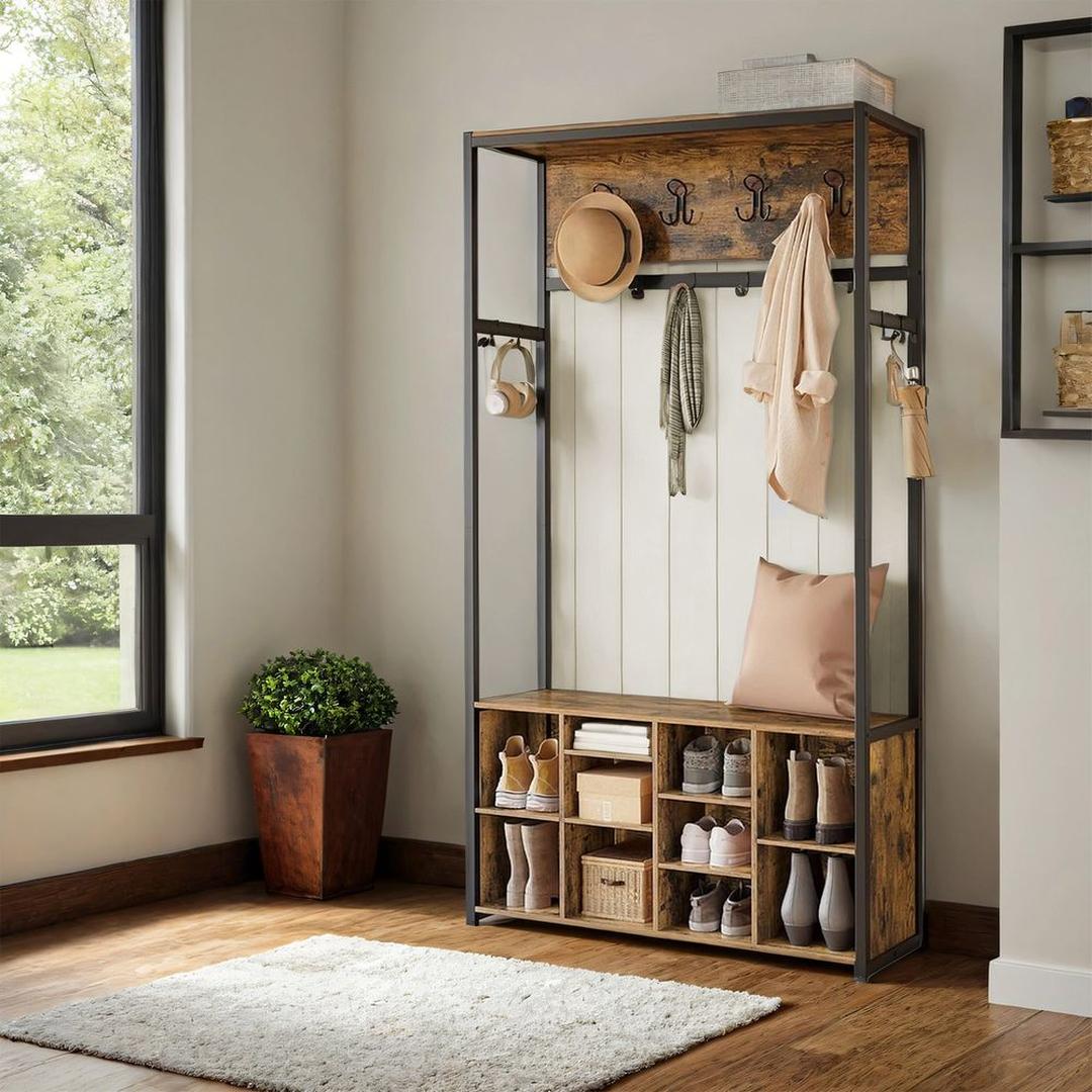 Kapstok met Schoenenrek en Zitbank – Halmeubel met Verstelbare Planken en Haken van Staal en Spaanplaat