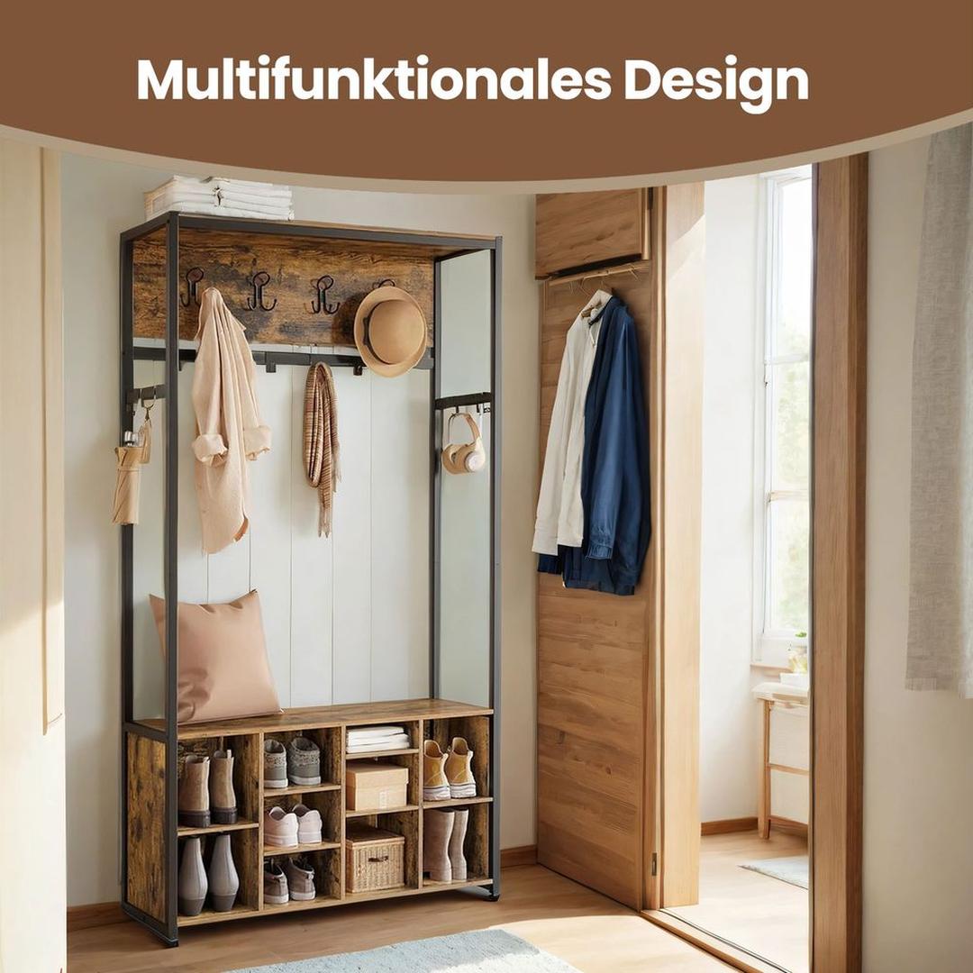 Kapstok met Schoenenrek en Zitbank – Halmeubel met Verstelbare Planken en Haken van Staal en Spaanplaat