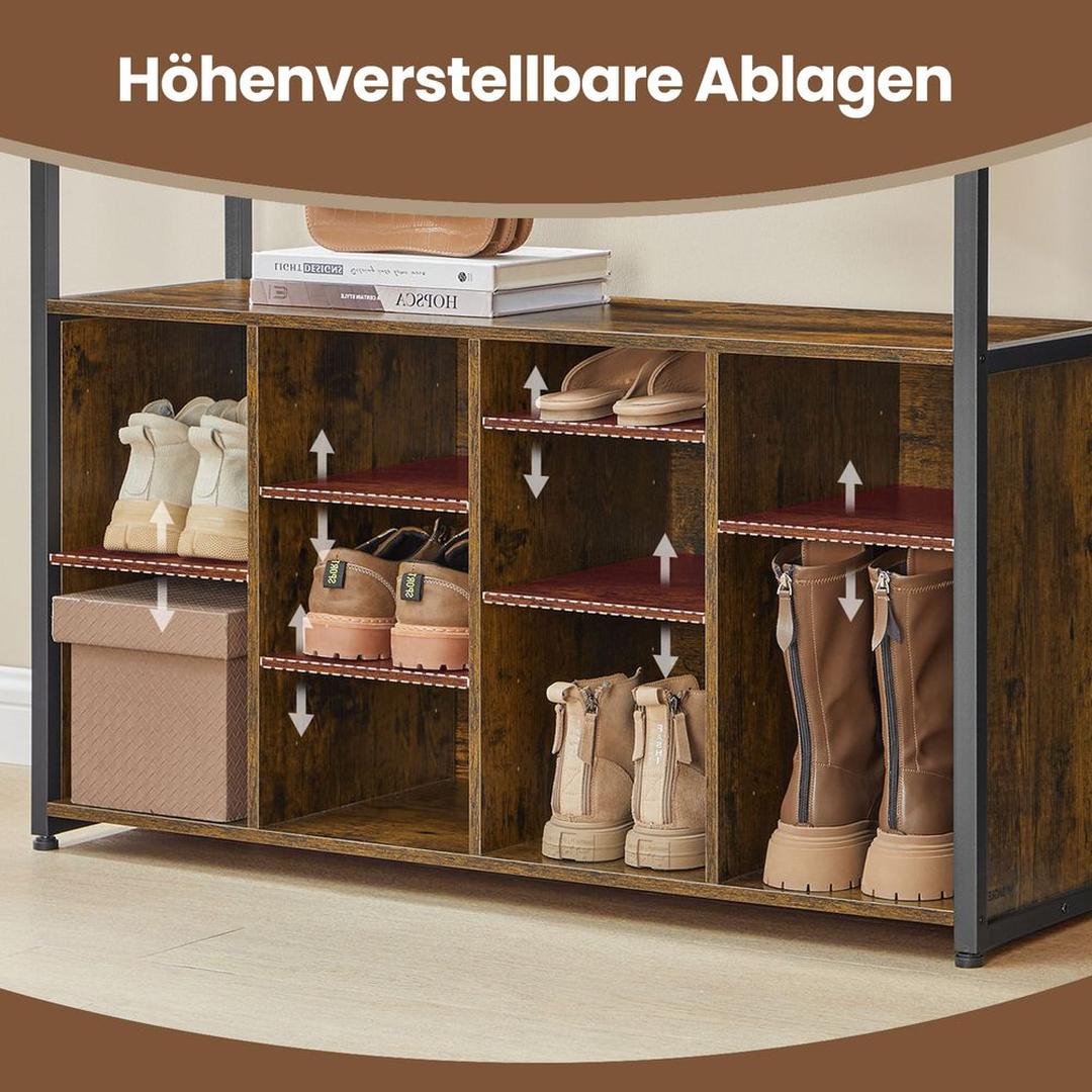 Kapstok met Schoenenrek en Zitbank – Halmeubel met Verstelbare Planken en Haken van Staal en Spaanplaat