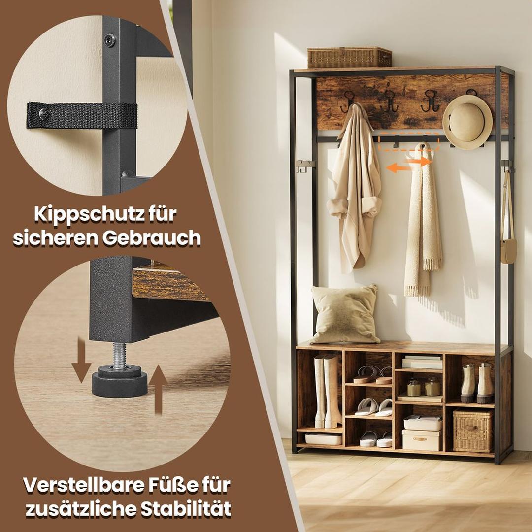 Kapstok met Schoenenrek en Zitbank – Halmeubel met Verstelbare Planken en Haken van Staal en Spaanplaat