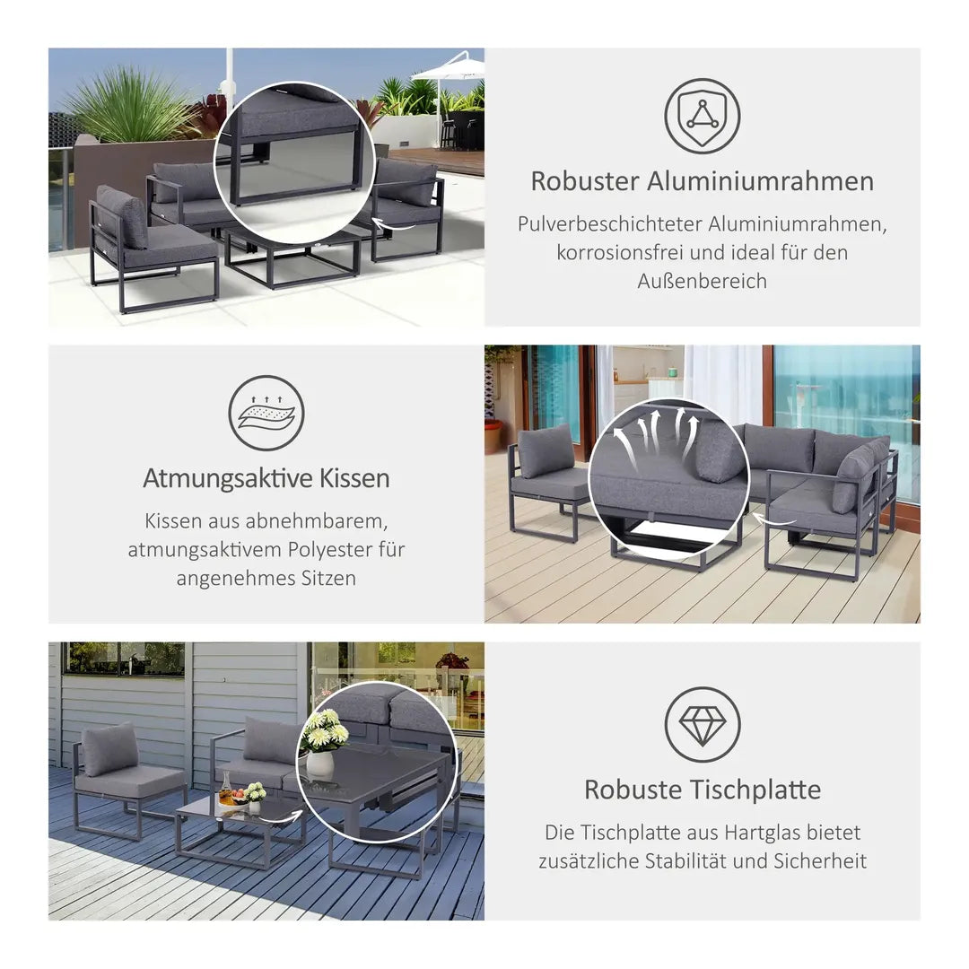 Outsunny 6-delige tuinmeubelset – hoekbank, 4 fauteuils en tafel 75 x 70 x 30 cm – aluminium frame