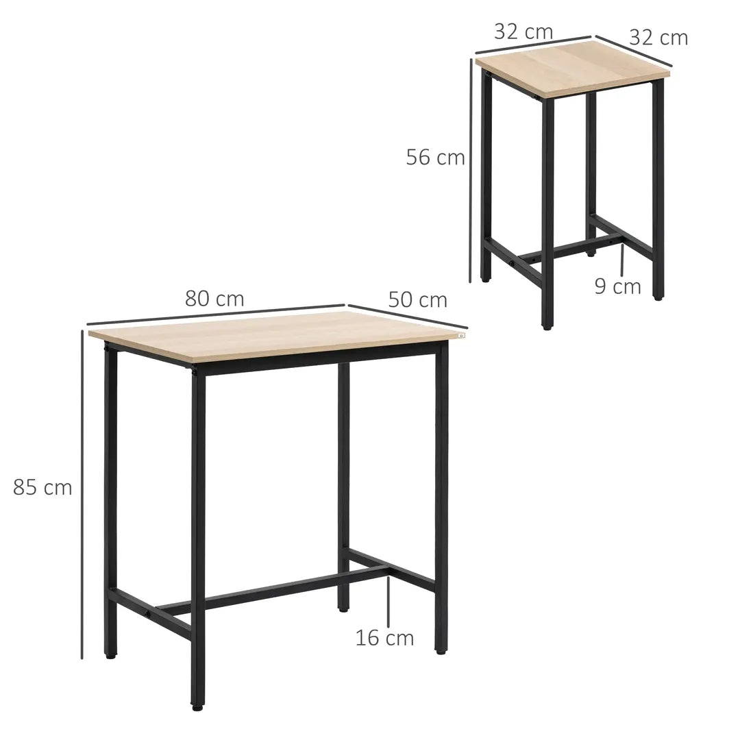 Barset – 3-delig met 1 Bartafel en 2 Krukken van Metaal en Hout, Zwart/Naturel