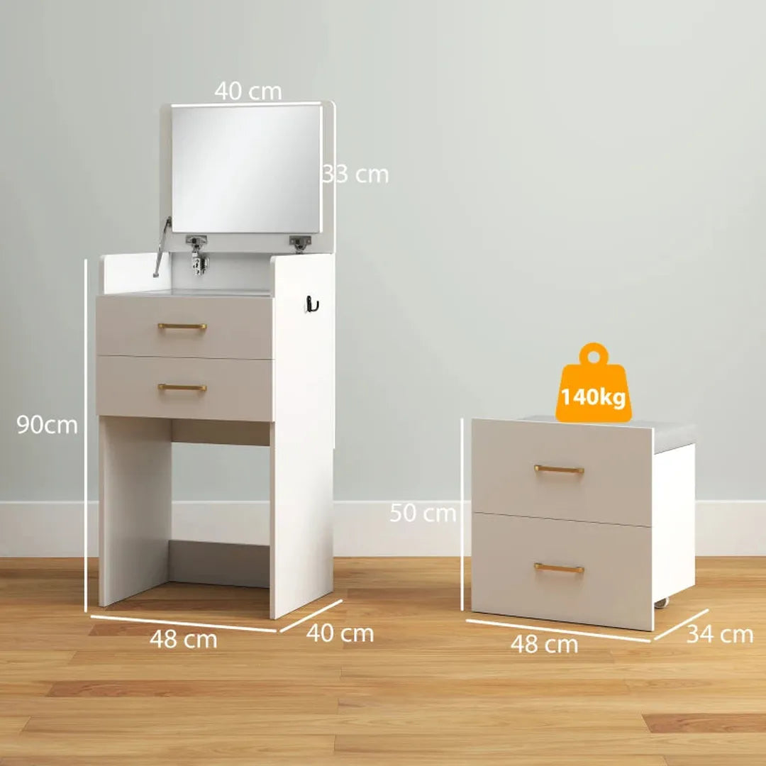 3-in-1 kaptafel met spiegel – nachtkastje en rollende kruk – met lades – wit