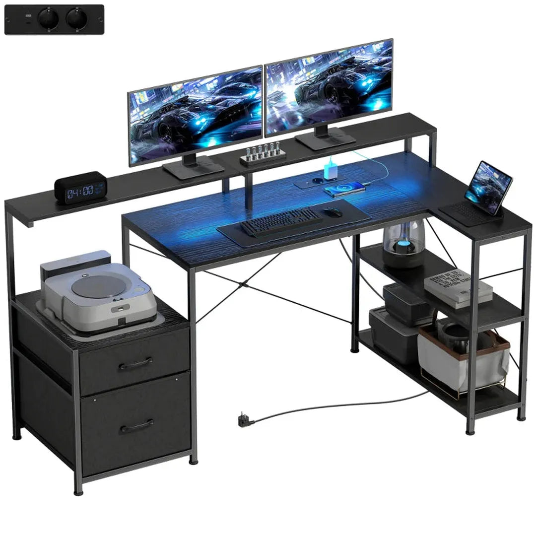 L-vormig bureau met LED en stopcontacten – hoekbureau met dubbele monitorstand en lades, 165 × 80 × 91,5 cm