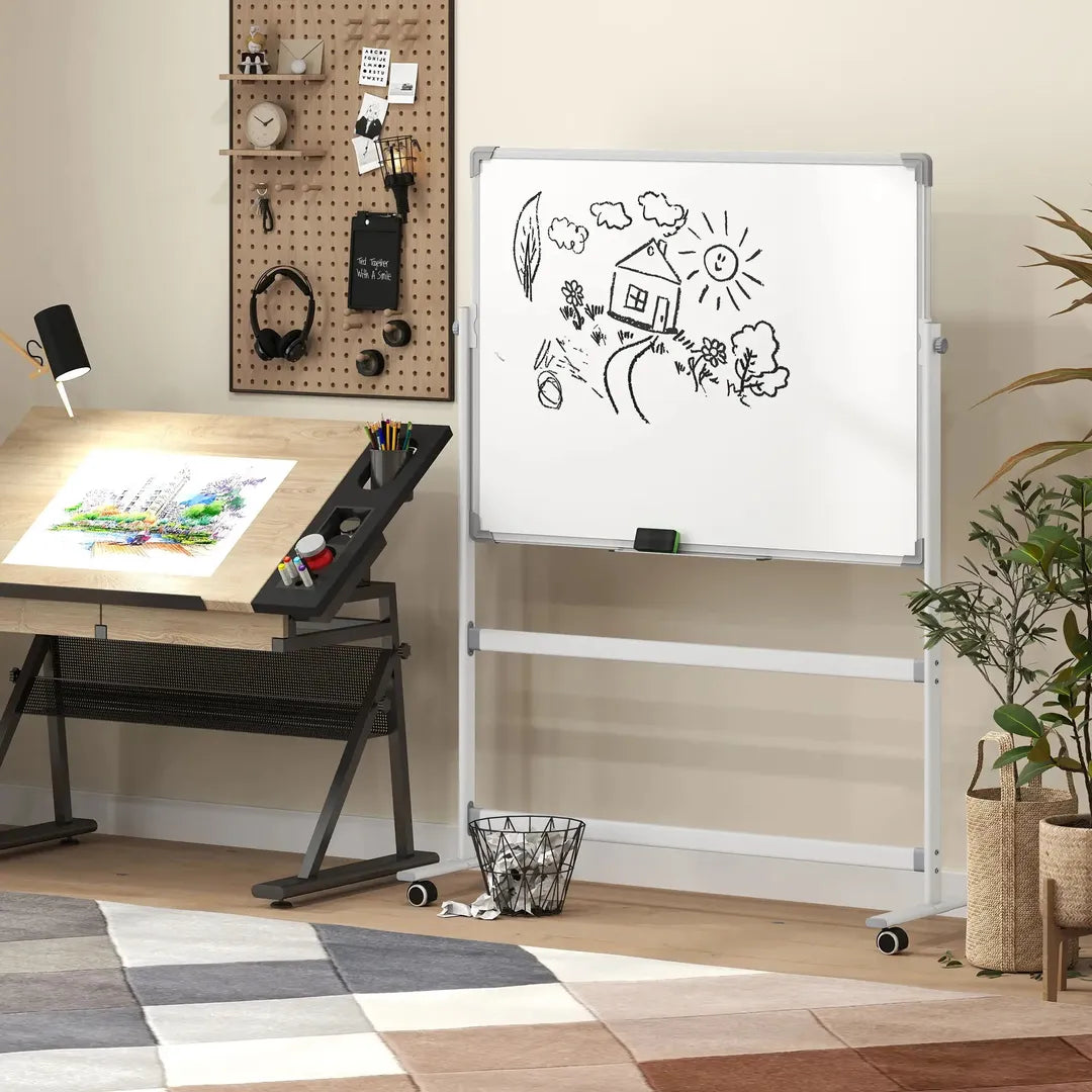 Whiteboard op standaard – magnetisch, draaibaar en verrijdbaar, inclusief markers en wisser, 120 × 90 cm