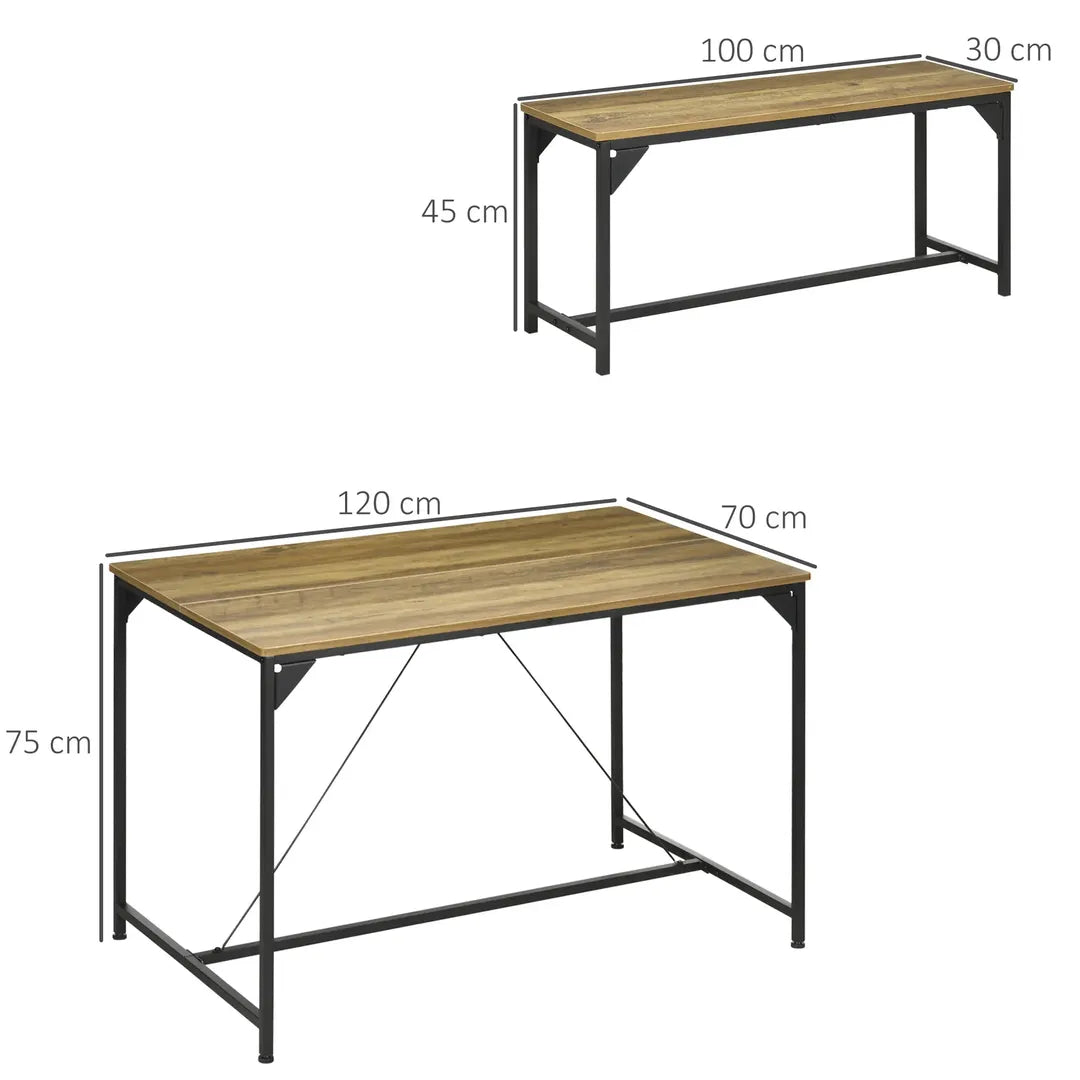 Eettafelset voor 4 Personen – Tafel met 2 Banken van Metaal en Hout, Industrieel Design, 120 x 70 x 75 cm, Zwart/Natuur