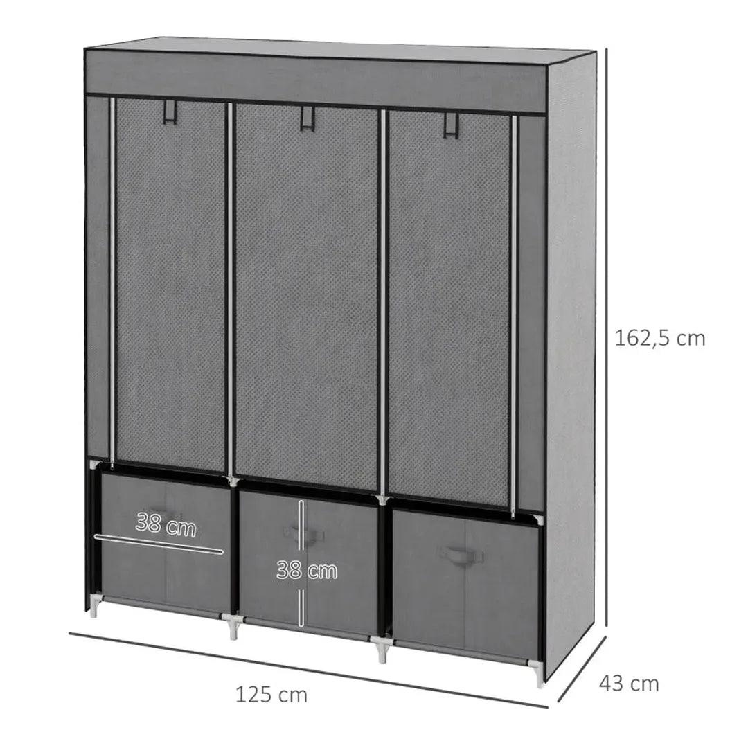 Kledingkast van stof met lades – Opvouwbaar opbergkast met 3 schuiflades – Zwart – 125x43x162,5 cm