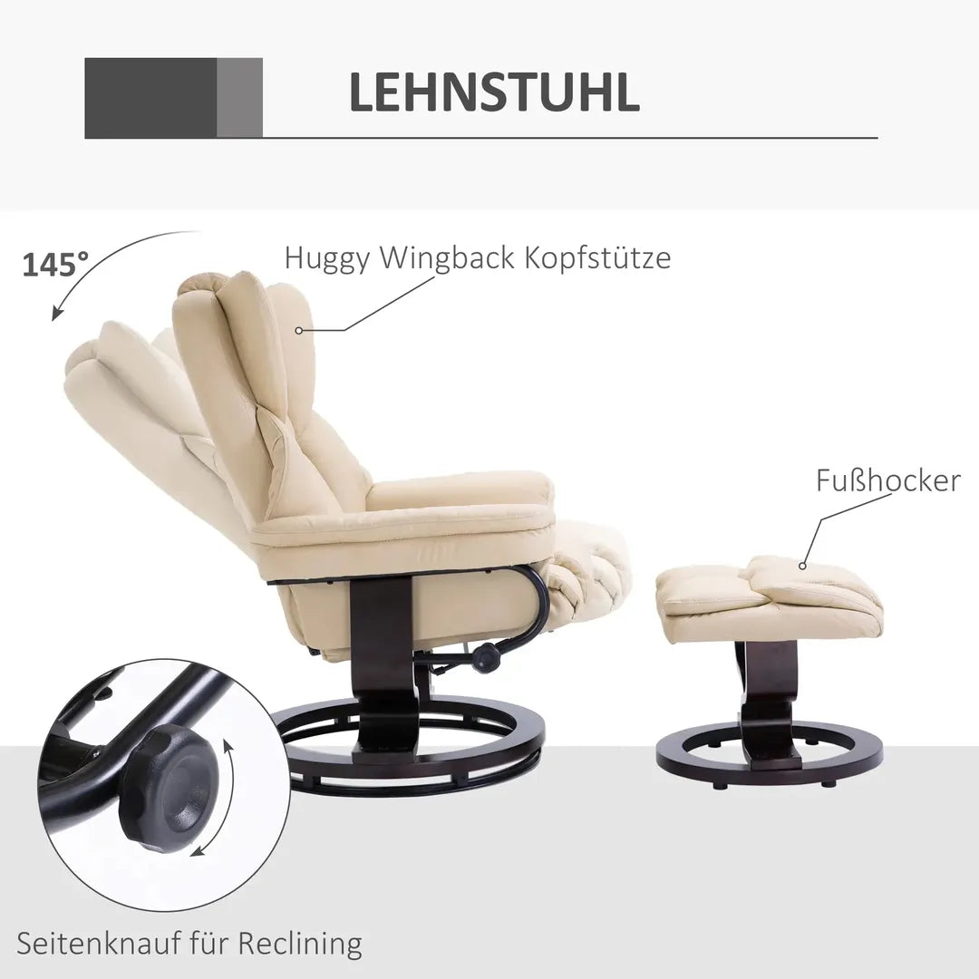 Fauteuil met Hocker – Draaibare Relaxstoel met Ligfunctie van Kunstleer en Metalen Frame, Crème, 80 x 79 x 100 cm