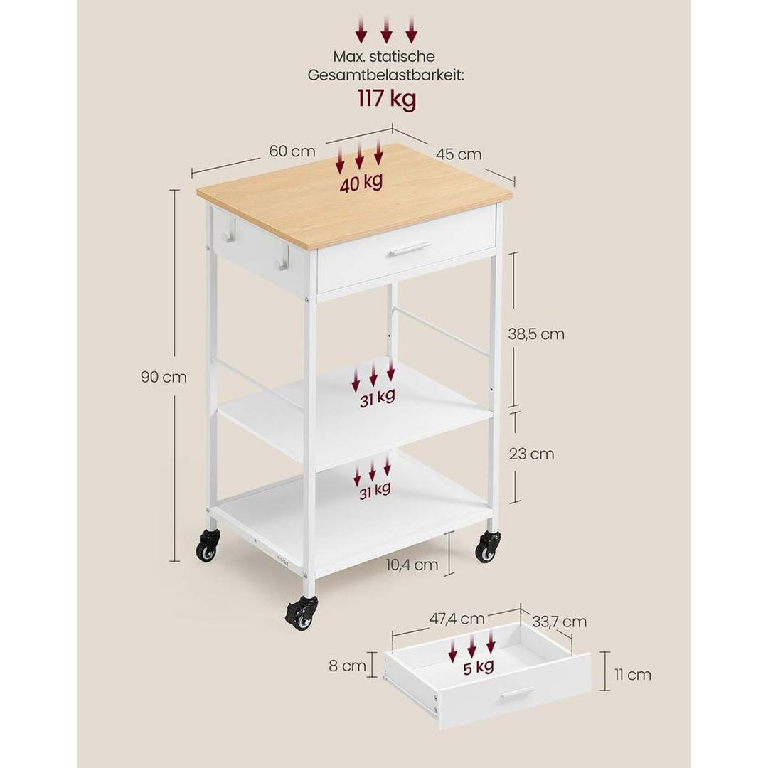 Keukentrolley met lade en legplanken – verrijdbaar en vergrendelbaar, eiken/wit, modern design