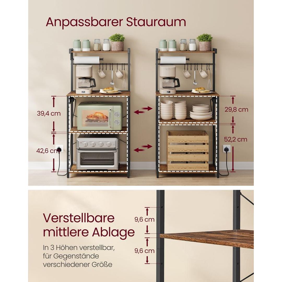 Keukenrek met Stopcontact en Verstelbare Planken – Magnetronrek van Staal en Spaanplaat in Vintagebruin-Zwart