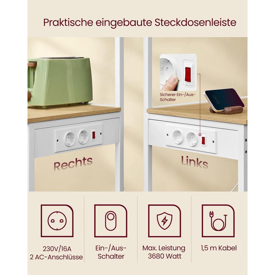 Keukenrek met Stopcontact en Verstelbare Planken – Magnetronrek van Staal en Spaanplaat in Vintagebruin-Zwart