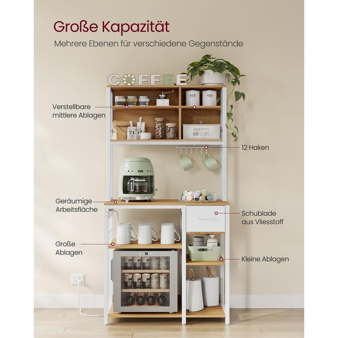 Keukenrek met Stopcontacten en Stoffen Lade – Opbergrek met Werkblad, Verstelbare Legplanken en Ophangstangen