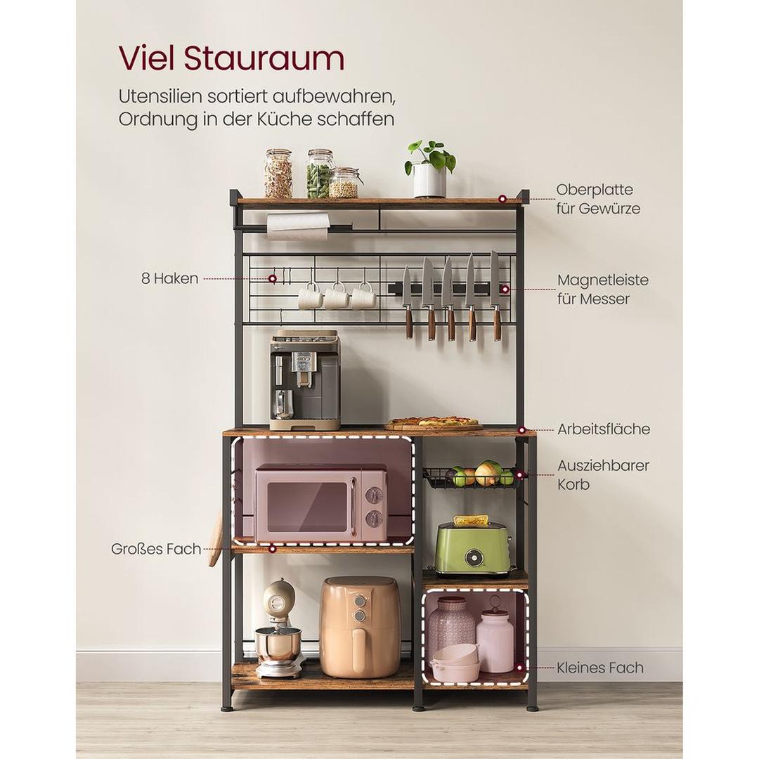 Keukenrek met magnetische messenstrip en 12 haken – staand opbergrek van staal en spaanplaat