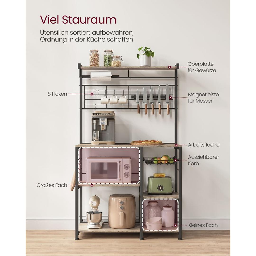 Keukenrek met magnetische messenstrip en 12 haken – staand opbergrek van staal en spaanplaat