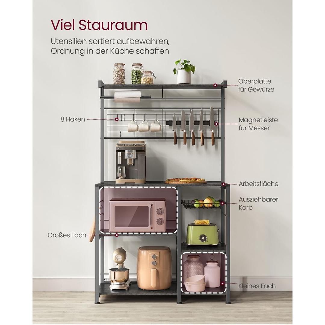 Keukenrek met magnetische messenstrip en 12 haken – staand opbergrek van staal en spaanplaat