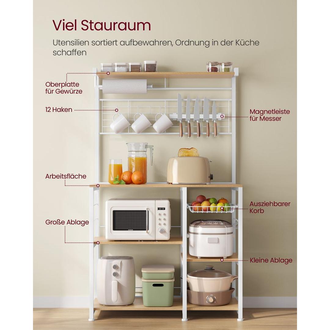 Keukenrek met magnetische messenstrip en 12 haken – staand opbergrek van staal en spaanplaat