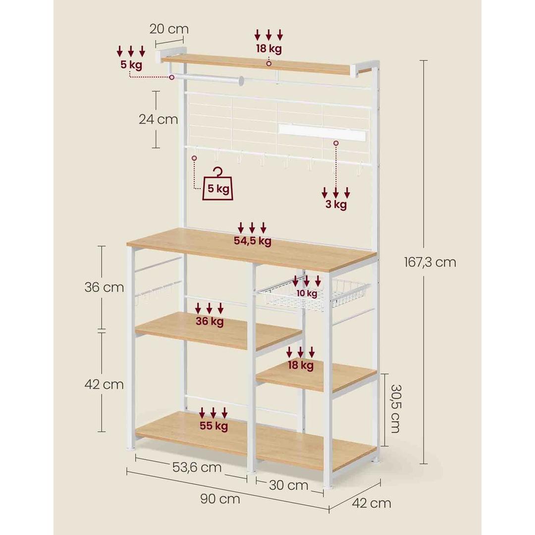 Keukenrek met magnetische messenstrip en 12 haken – staand opbergrek van staal en spaanplaat