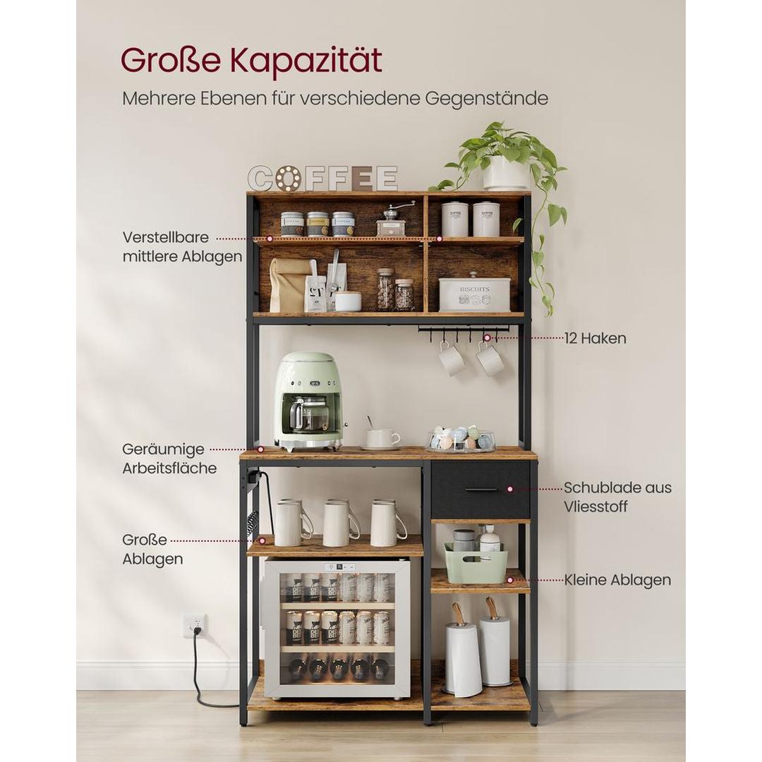 Keukenrek met Stopcontacten en Stoffen Lade – Opbergrek met Werkblad, Verstelbare Legplanken en Ophangstangen