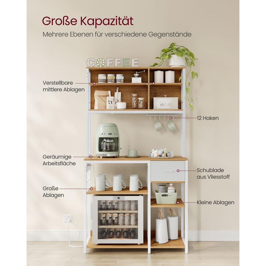Keukenrek met Stopcontacten en Stoffen Lade – Opbergrek met Werkblad, Verstelbare Legplanken en Ophangstangen