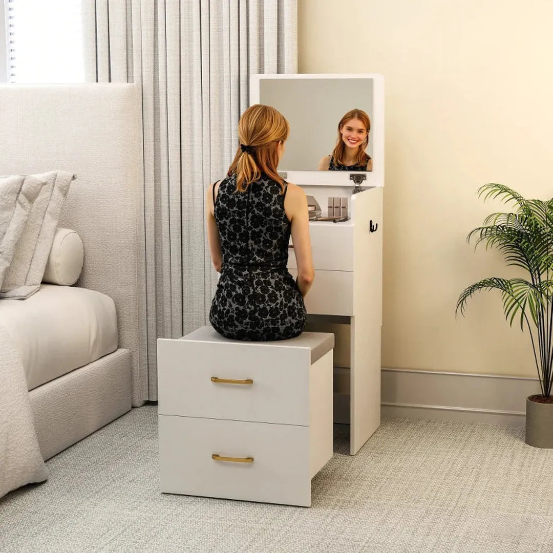 3-in-1 kaptafel met spiegel – nachtkastje en rollende kruk – met lades – wit