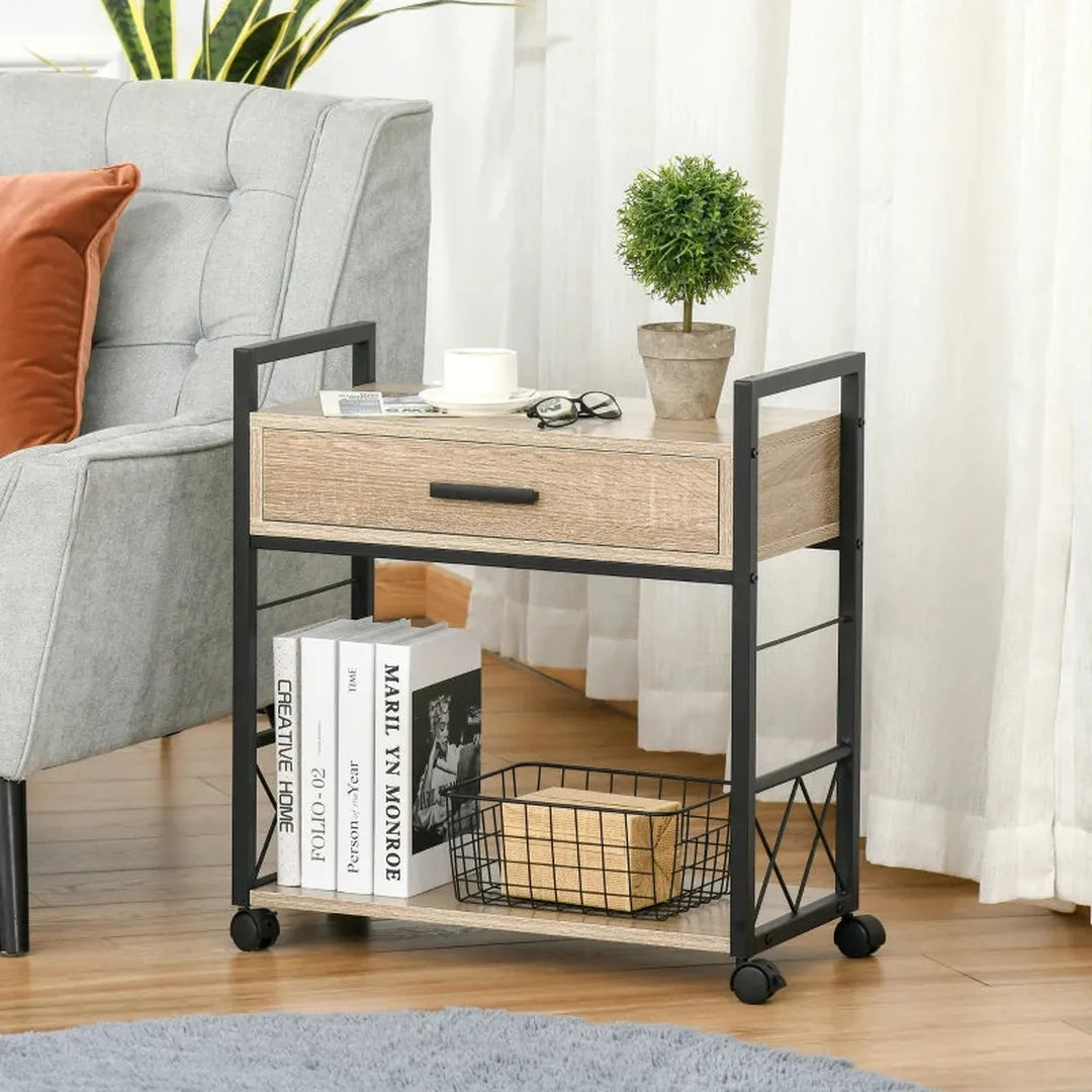 Keukenwagen met Lade en Legplank – Serveerwagen op Wielen van Spaanplaat – 60 × 30 × 65 cm – Naturel