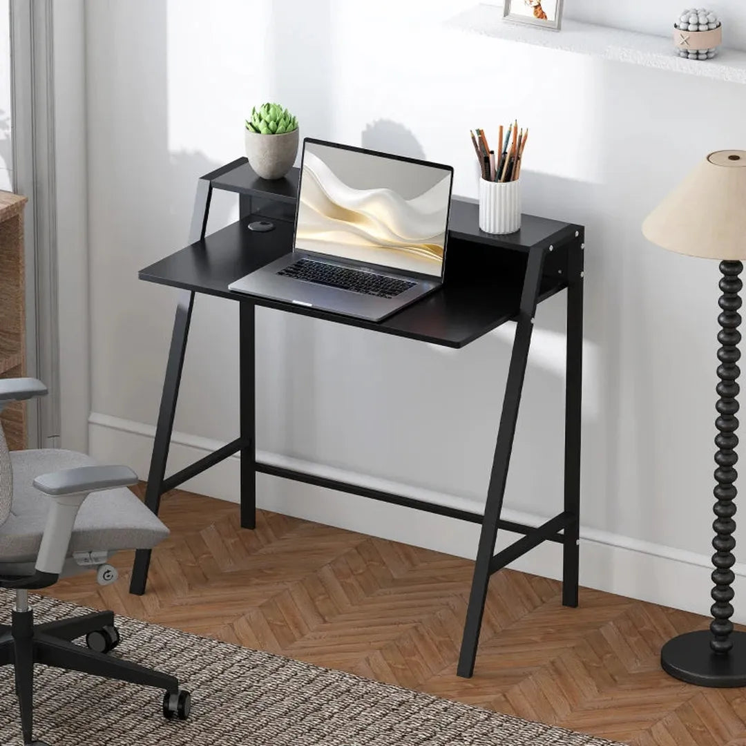 Bureau wit/eiken – computertafel met opbergvak en kabelmanagement, compact bureau met metalen frame 84x45x85 cm