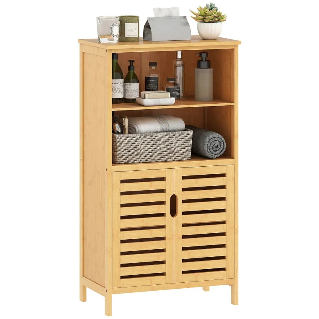 Bamboe badkamerkast met lamellen deuren – 2 planken en 1 kast – natuurlijk – 50 x 29 x 92 cm
