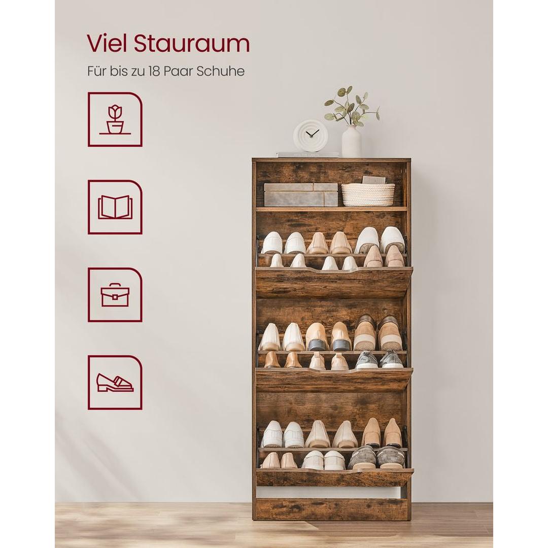 Schoenenkast met Open Vak en Verstelbare Vakken – Opbergkast voor 14–18 Paar Schoenen in Vintage Bruin