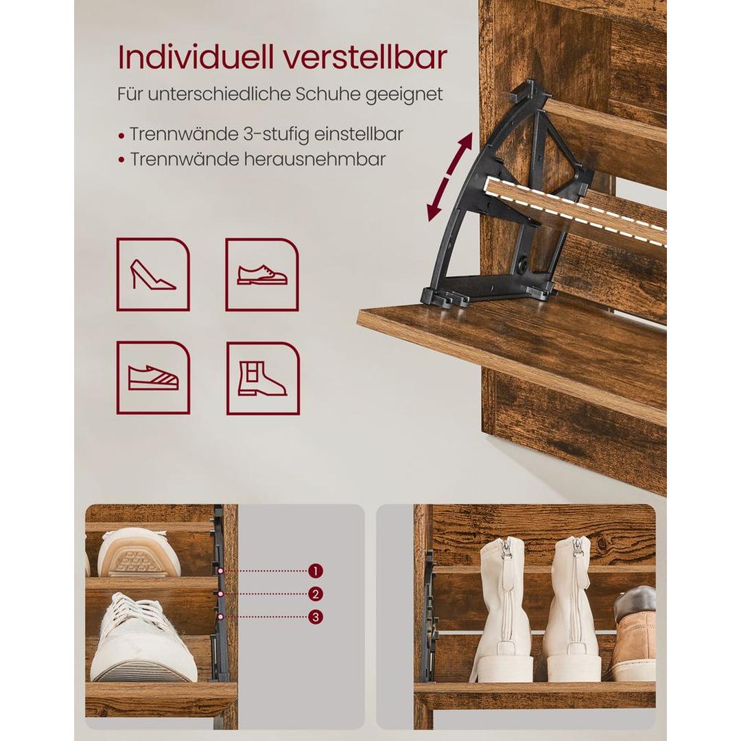 Schoenenkast met Open Vak en Verstelbare Vakken – Opbergkast voor 14–18 Paar Schoenen in Vintage Bruin