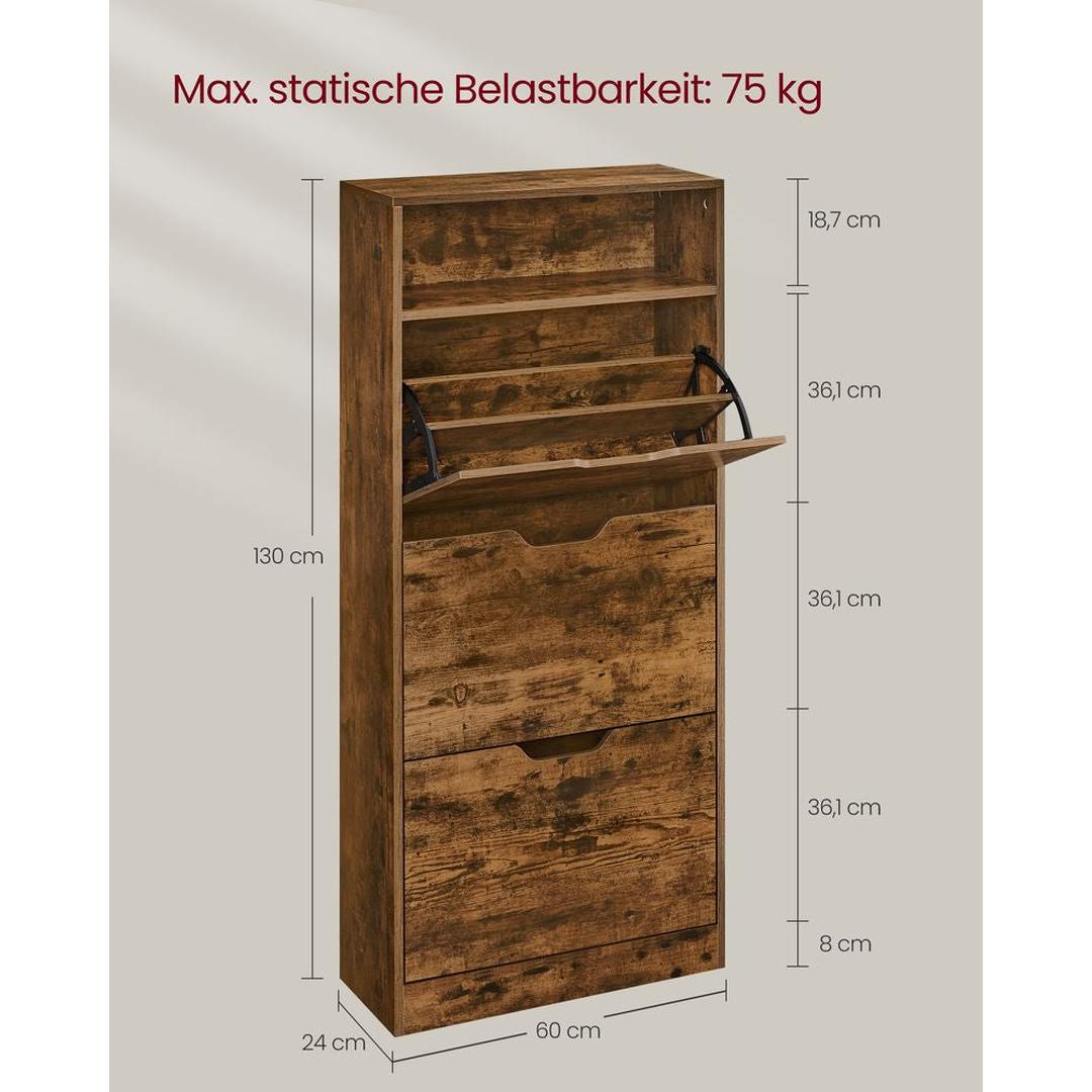 Schoenenkast met Open Vak en Verstelbare Vakken – Opbergkast voor 14–18 Paar Schoenen in Vintage Bruin