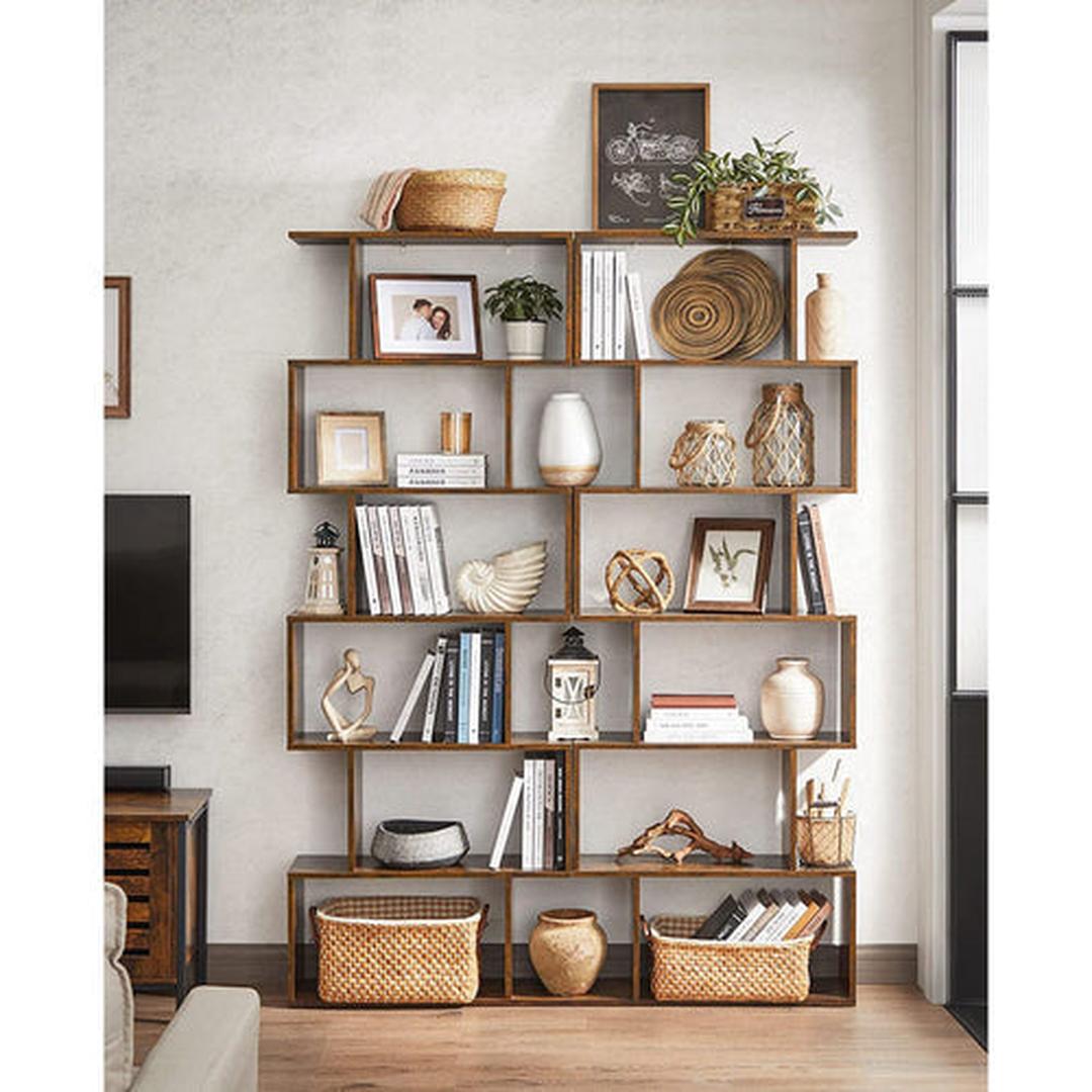 Vrijstaande Open Boekenkast met 6 Niveaus – Decoratieve Opbergkast in Vintage Donkerbruin