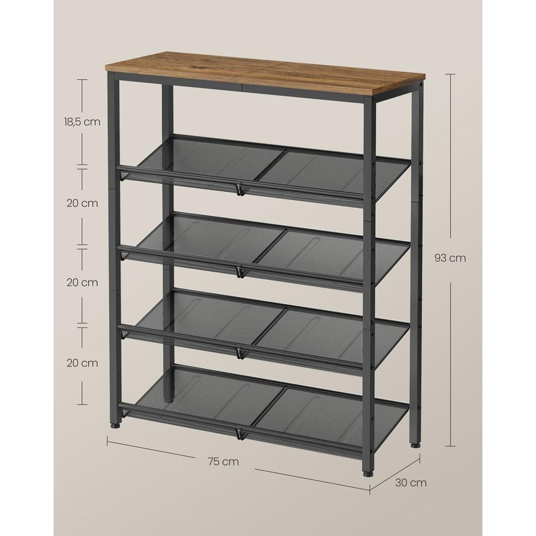 Industriële Schoenenkast met 5 Opbergniveaus – Open Schoenenrek voor Hal, Slaapkamer of Garderobe