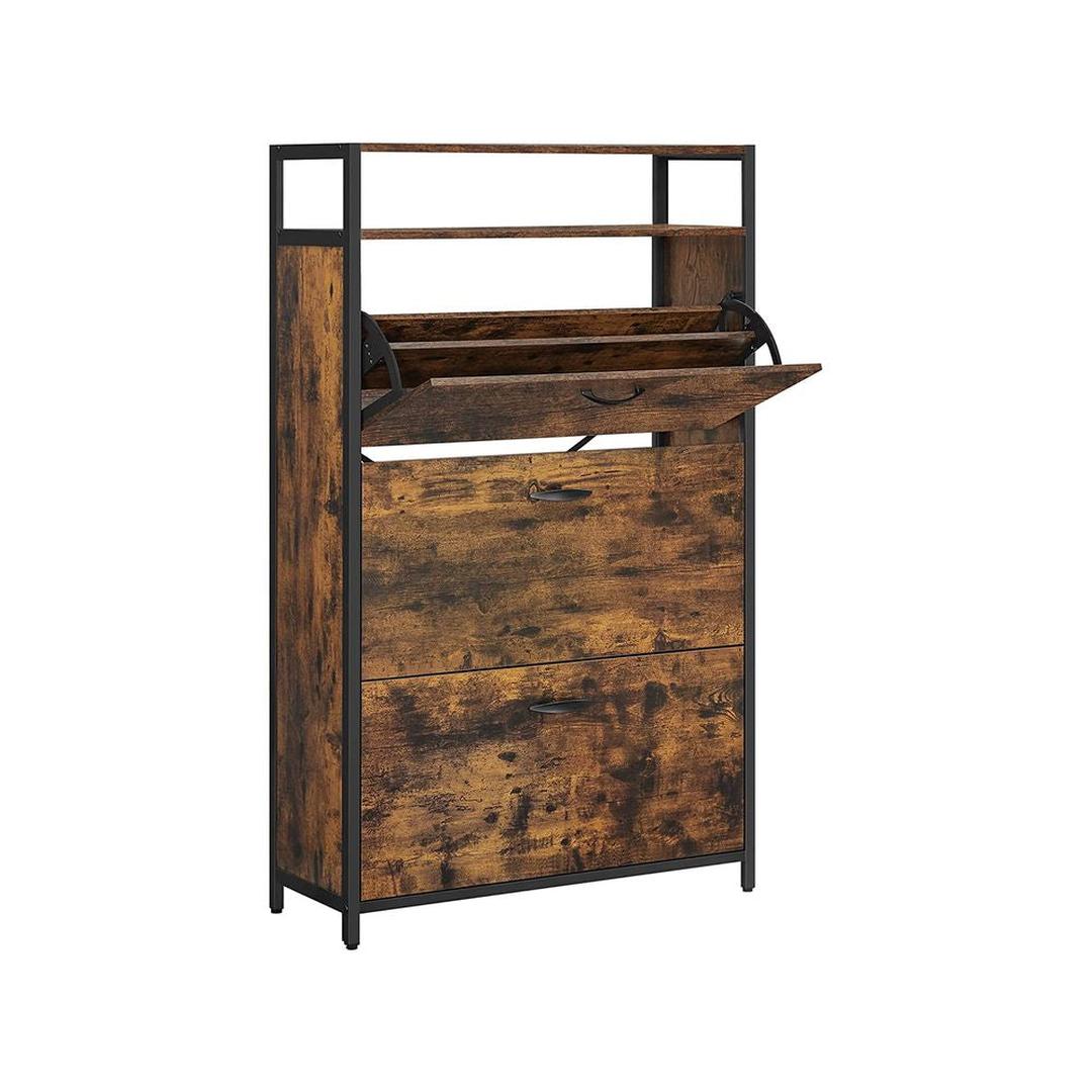 Schoenenkast met 3 Kleppen – Smalle Opbergkast met Verstelbare Vakken en Bovenplank in Industriële Stijl