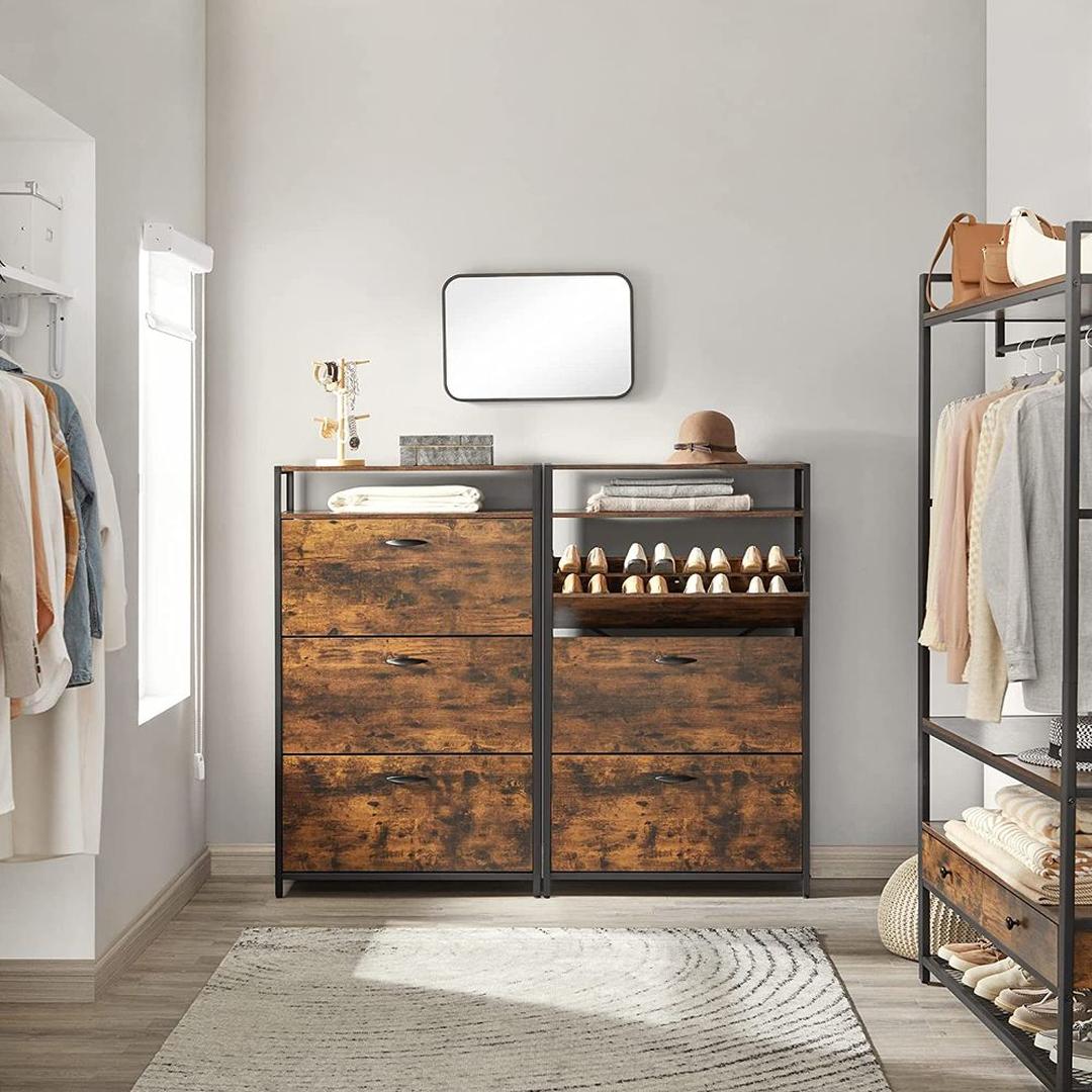 Schoenenkast met 3 Kleppen – Smalle Opbergkast met Verstelbare Vakken en Bovenplank in Industriële Stijl